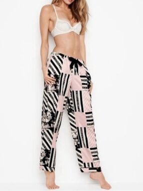 Victoria’s Secret Black And Pink Stripe Satin Pajama Lounge Pants